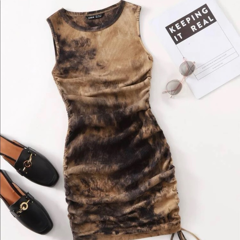Shein drawstring knot rouched tie dye dress NWOT SMALL